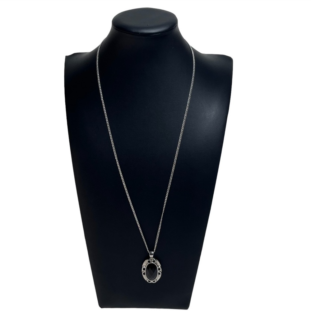 Silver Faceted Black Crystal Pendant Necklace 24"